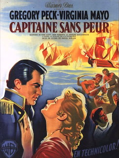 Vintage illustrated film poster with a naval officer, a woman, and sailing ships on the sea