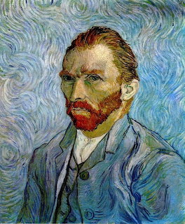 Self-portrait painting of bearded man in blue suit with swirling blue background in post-impressionist style