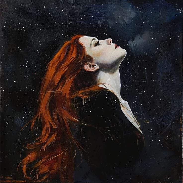 Woman with long red hair looking up at starry night sky