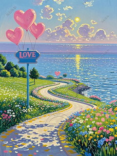 Colorful painting of a seaside path with flowers, heart balloons, and a LOVE sign by the ocean