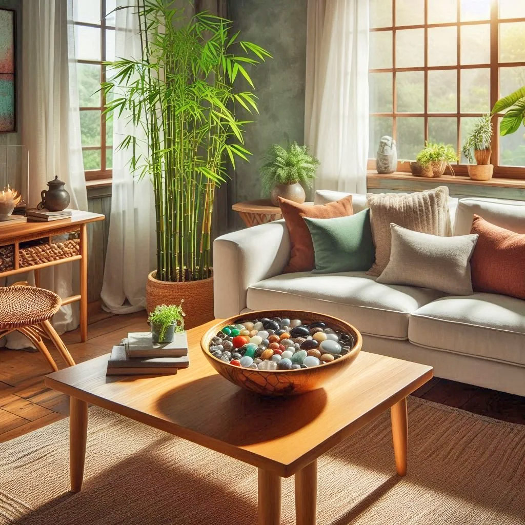 Sunlit living room with sofa, coffee table, decorative bowl, and indoor plants near large windows