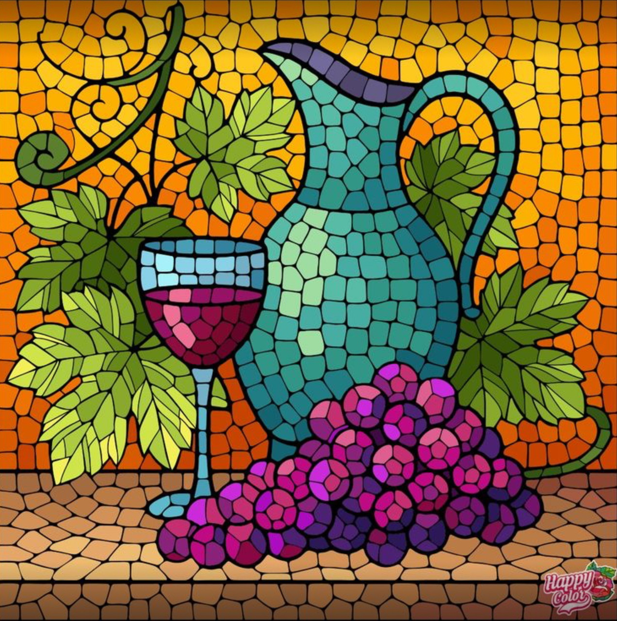 Stained glass style image of a blue pitcher, wine glass, purple grapes, and green leaves