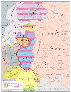 Historical map of Eastern Europe during WWII with colored territories and Ukrainian-language labels