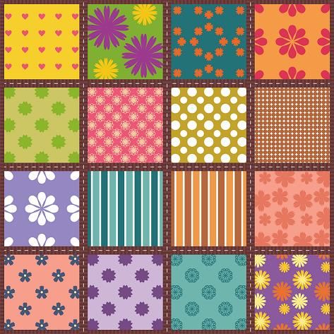 Colorful patchwork quilt with 16 squares featuring hearts, flowers, dots, and stripes in bright colors