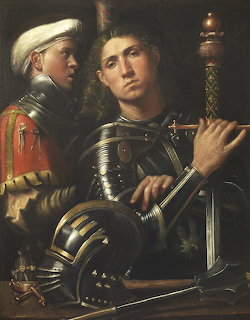 Classical painting of two young armored figures, with a sword and helmet against a dark background.