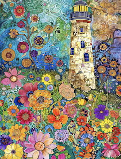 Colorful folk art lighthouse surrounded by vibrant flowers and mandala patterns