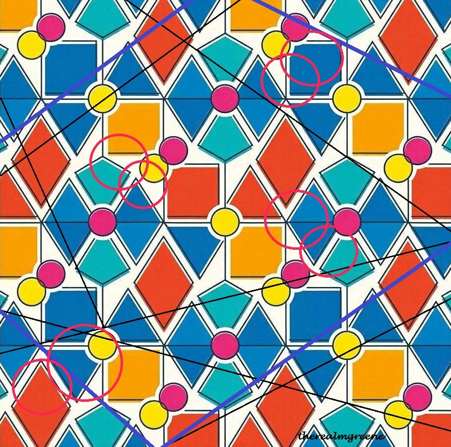 Abstract geometric pattern with colorful squares, circles, and white diagonal lines on blue background