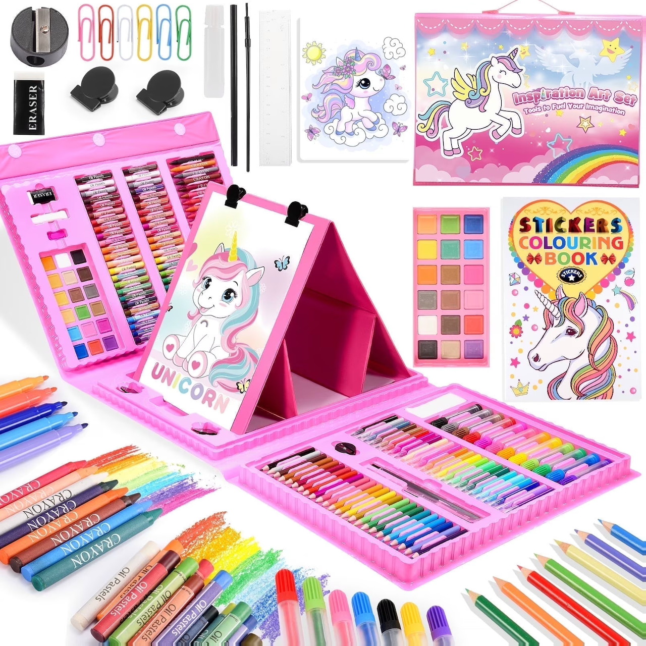 Pink trifold kids art supply kit with crayons, markers, colored pencils, watercolors, and unicorn stickers