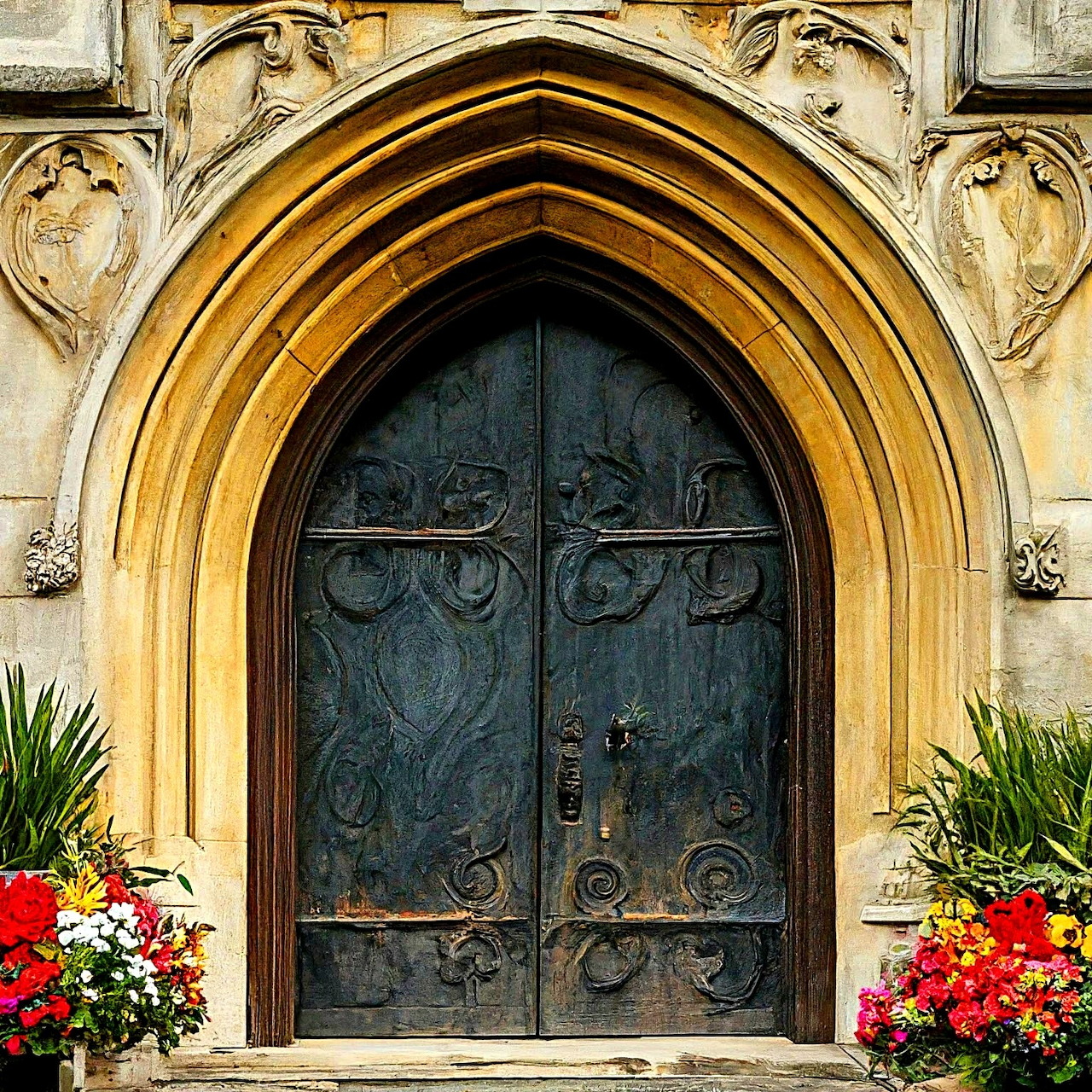 Gothic arched wooden door with iron scrollwork, red and white flowers in pots on both sides