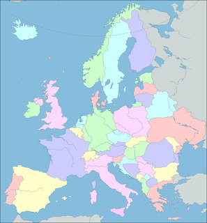Colorful political map of Europe with countries shown in different pastel colors