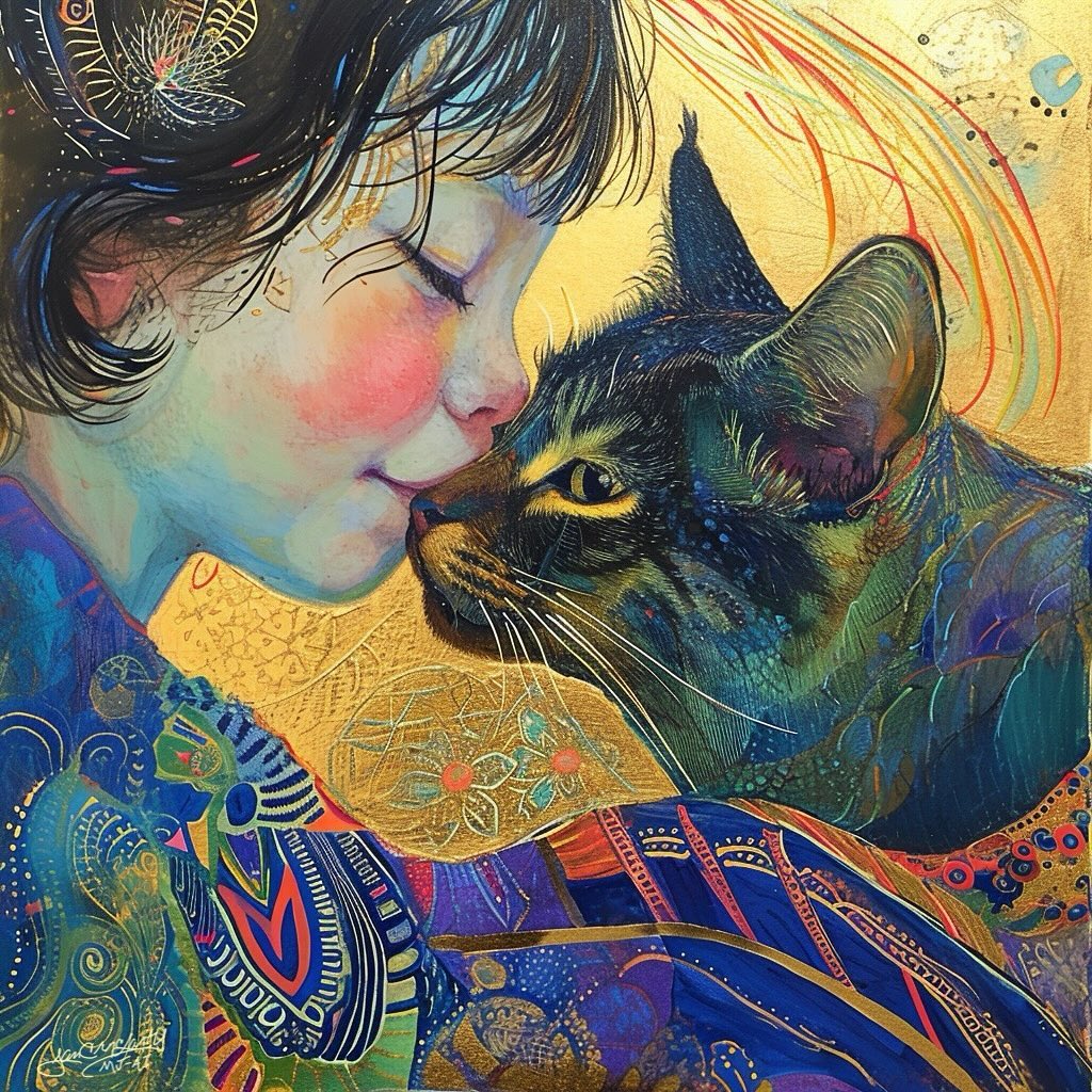 Stylized art of girl kissing black cat with decorative patterns and golden background