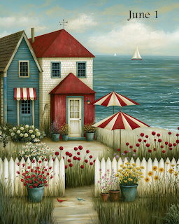 Whimsical beach cottages with red roofs, garden flowers, striped umbrella, and sailboats on ocean