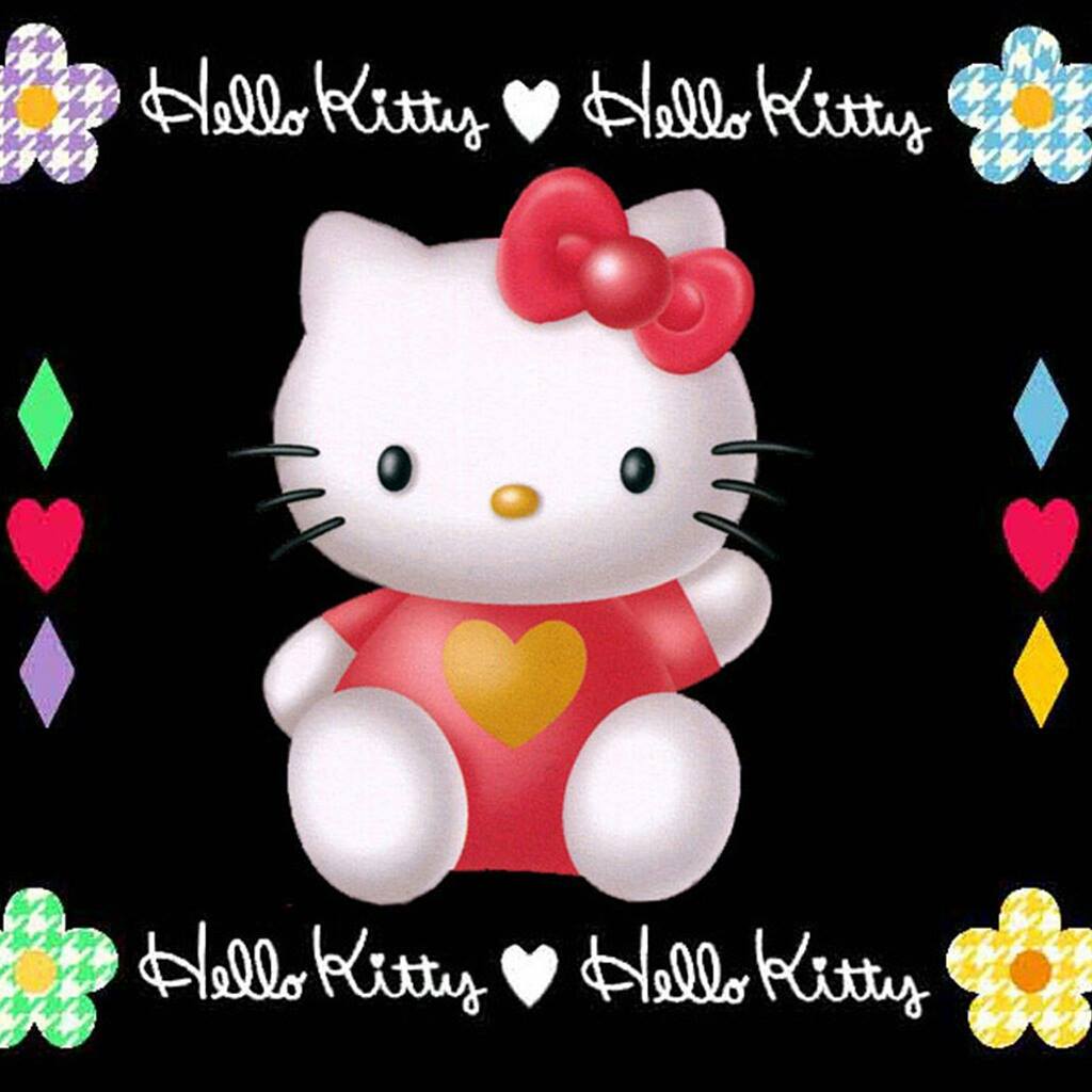 Hello Kitty sitting on a black background with flowers, hearts, and colorful diamond shapes