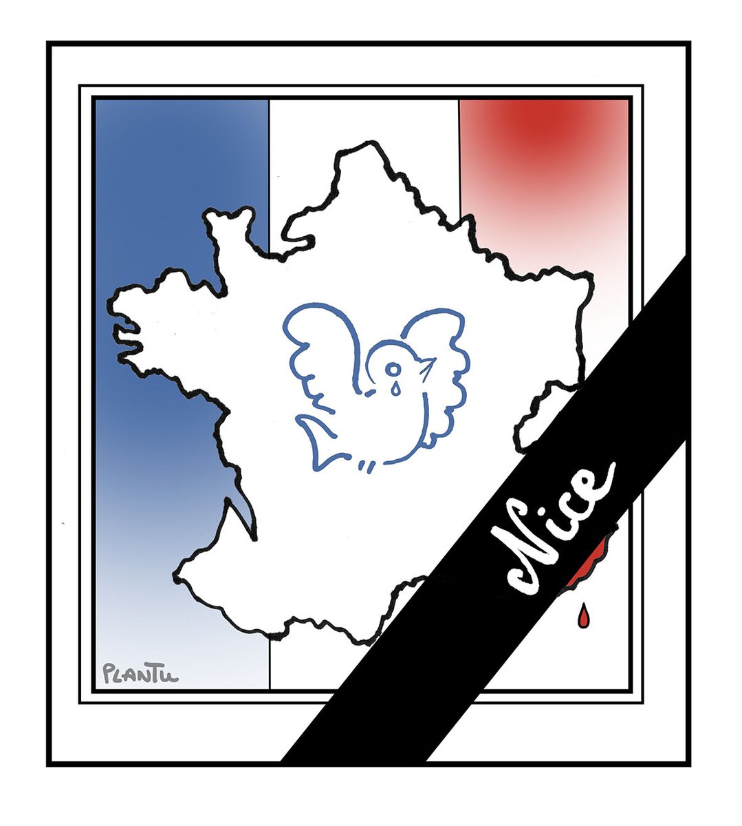 France map with Marianne profile, tricolor background, black diagonal ribbon reading Nice