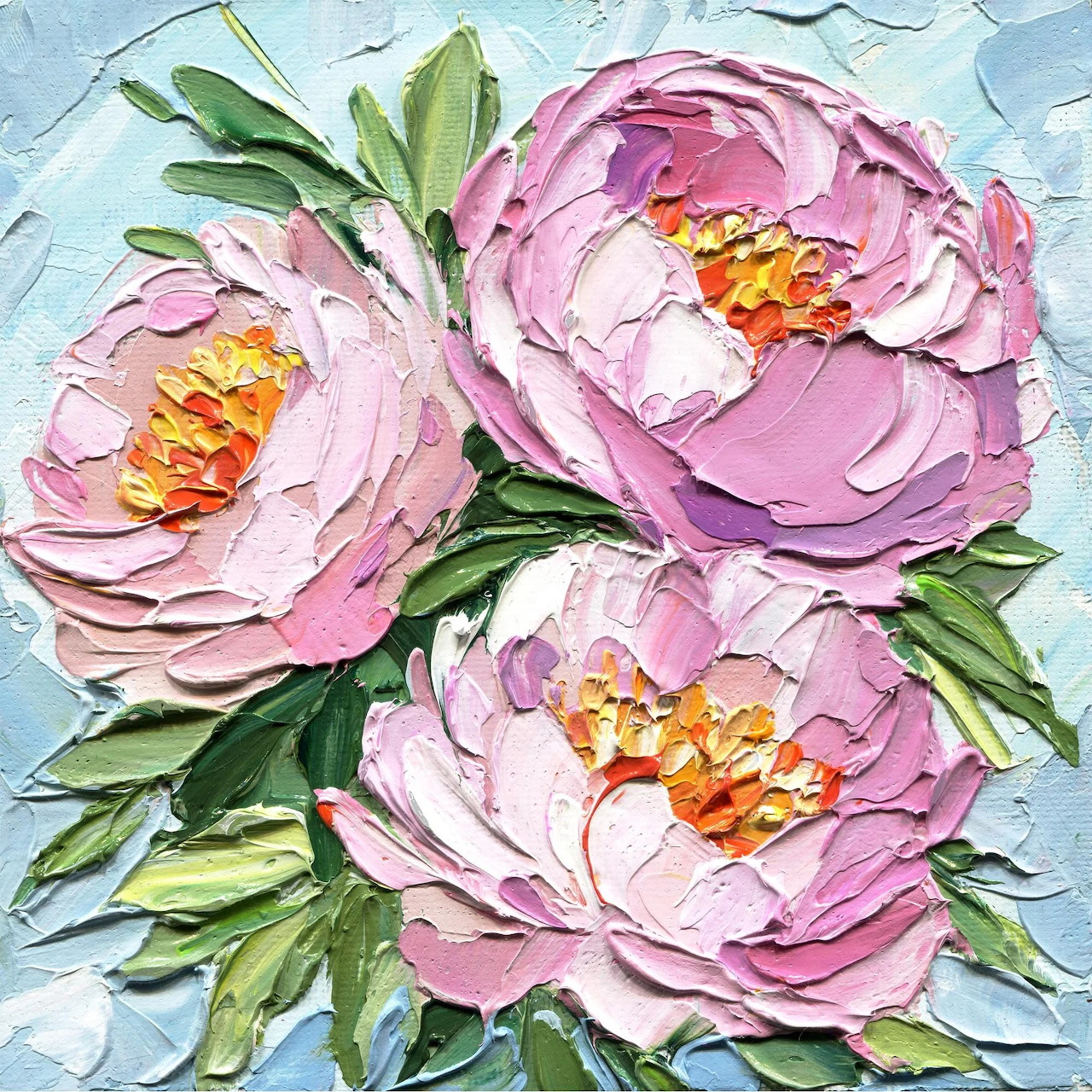 Textured painting of three pink peony blossoms with green leaves on a pale blue background