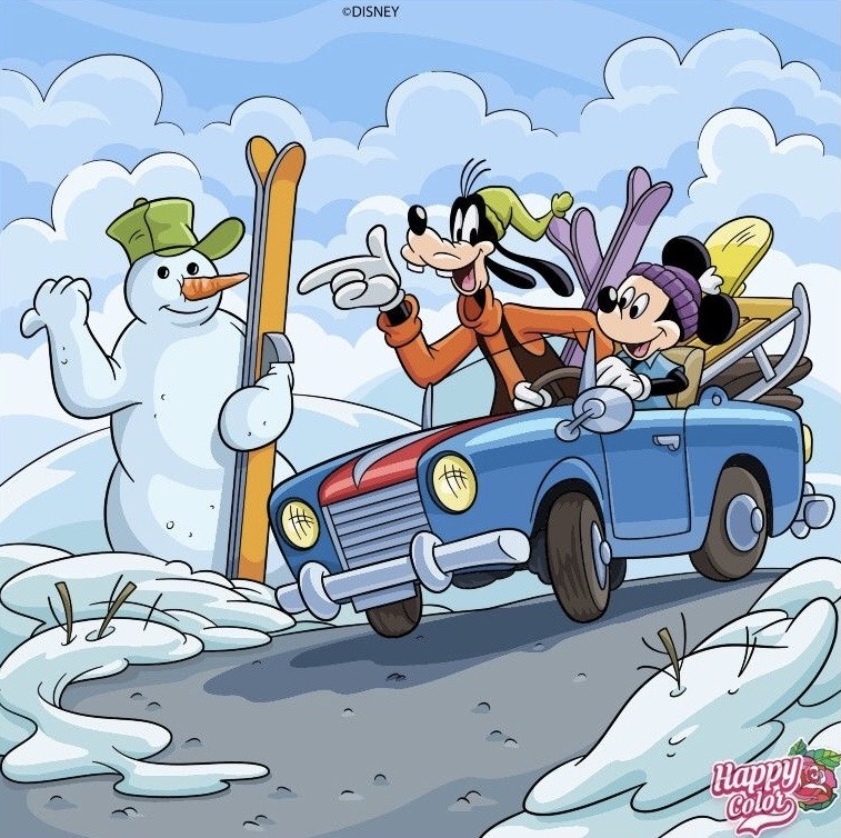 Mickey Mouse and Goofy driving blue car in snow while snowman waves, cartoon illustration