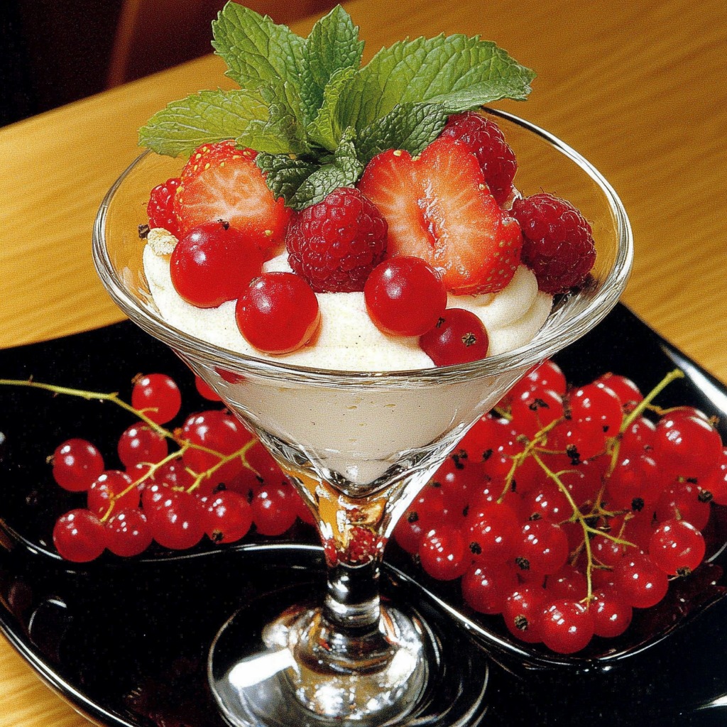 White mousse dessert in glass topped with berries and mint
