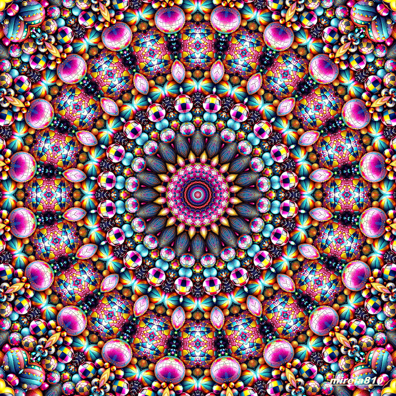 Colorful symmetrical mandala with radiating fractal patterns and metallic spheres in pink, teal, and gold