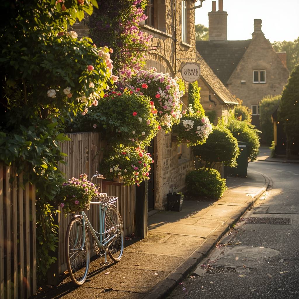 Sunny village street with white bicycle, flower baskets, and stone cottages in Bibury, Cotswolds