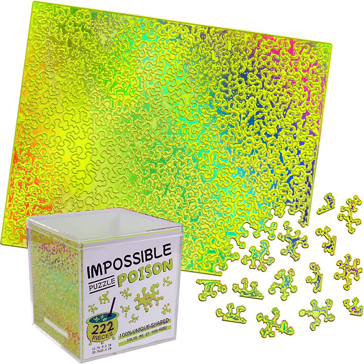Lime yellow gradient jigsaw puzzle box with scattered pieces showing dense uniform color pattern