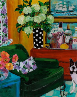 Colorful painting of interior with green chair, white flowers in vase, and black and white dog