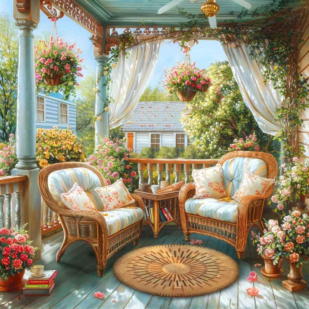 Sunlit porch with wicker furniture, white curtains, hanging flower baskets, and cottage garden view