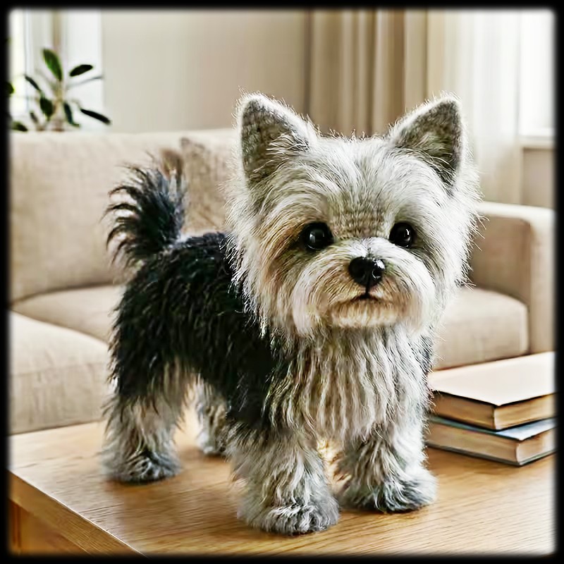 Silver and black Yorkshire Terrier standing on a coffee table in a living room