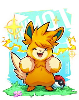 Cute orange Pokemon character with spiky fur and happy expression surrounded by electric effects