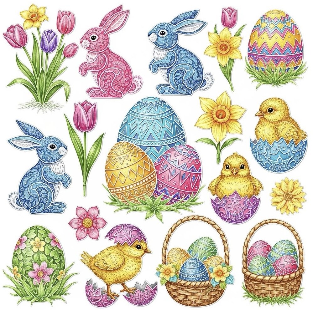 Illustrated Easter elements including decorated eggs, patterned bunnies, chicks, tulips, daffodils, and baskets on white