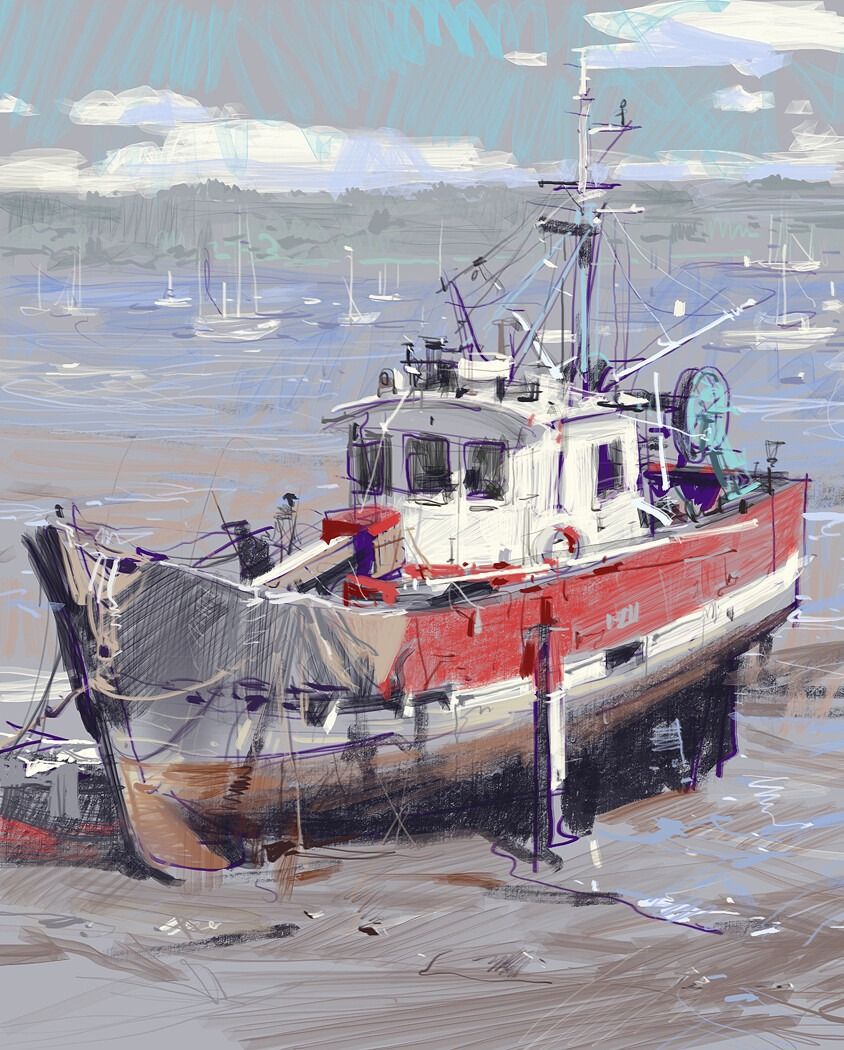 Red and white tugboat docked in harbor, painted in impressionistic style with cloudy sky background