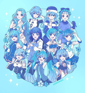 Multiple anime girls with blue hair in different styles and outfits arranged in a circular group illustration