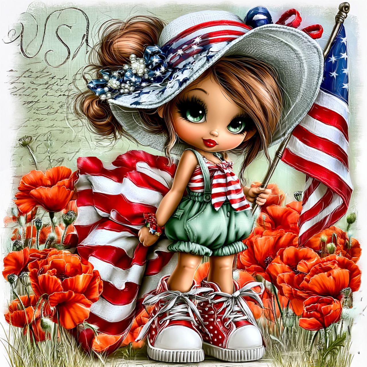 Cute cartoon girl with American flags and red poppies