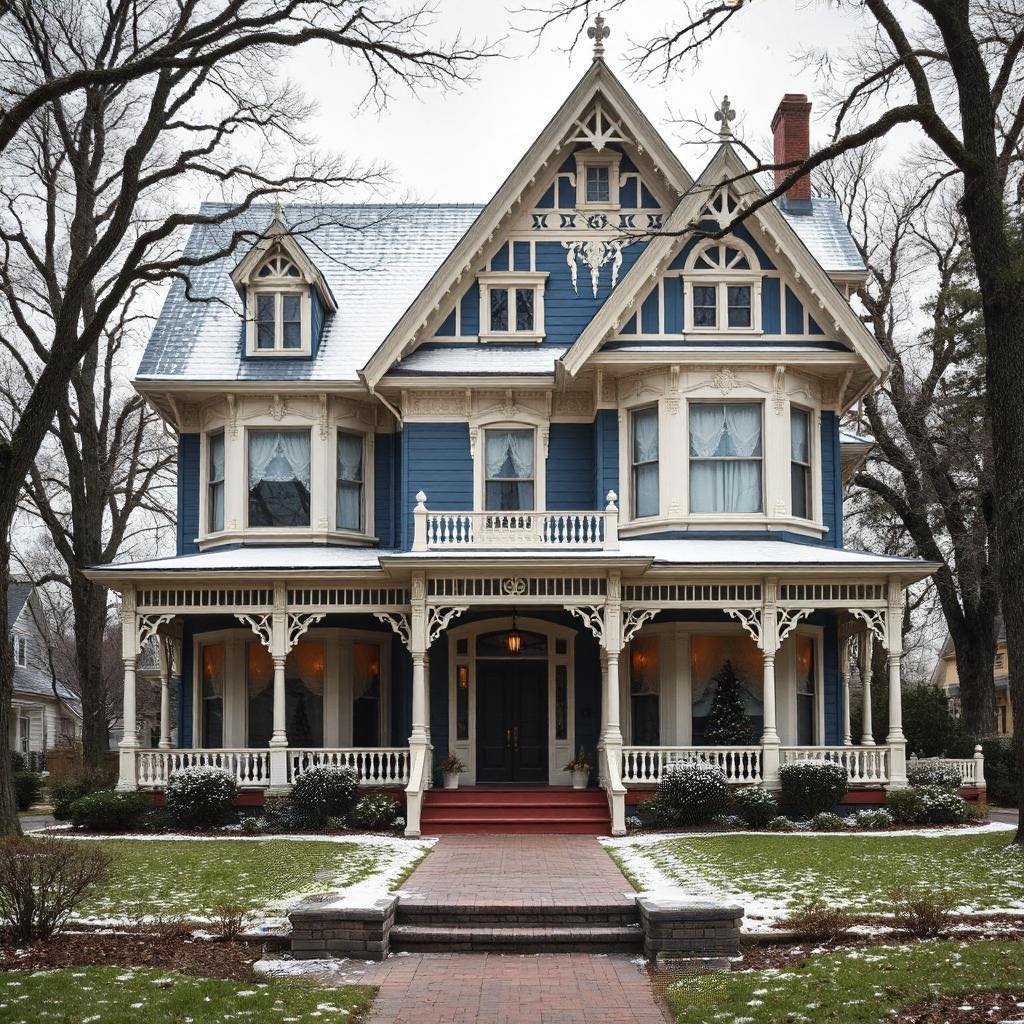 Ornate Victorian mansion with blue and cream exterior, decorative woodwork, wraparound porch in winter setting