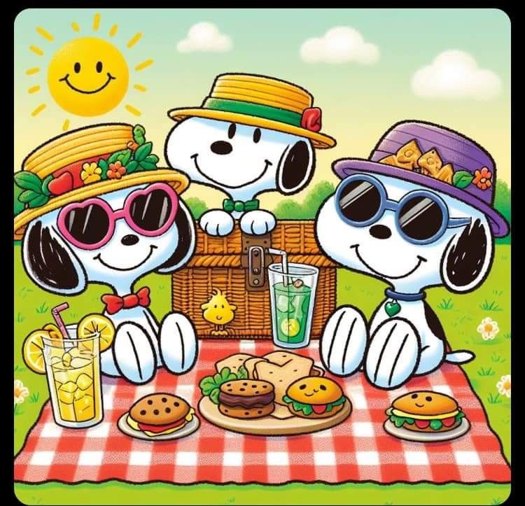 Three Snoopy characters wearing hats and sunglasses at outdoor picnic with food and drinks on checkered blanket