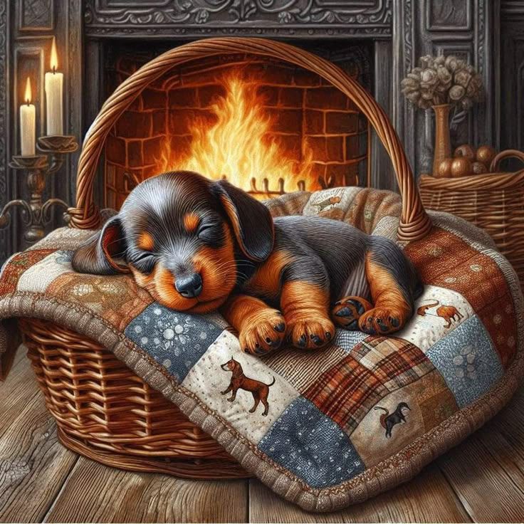 Rottweiler puppy lying in wicker basket by lit fireplace