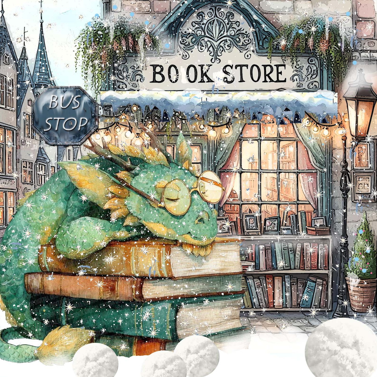 Green dragon sleeping on books outside a snowy bookstore with warm lights and falling snow