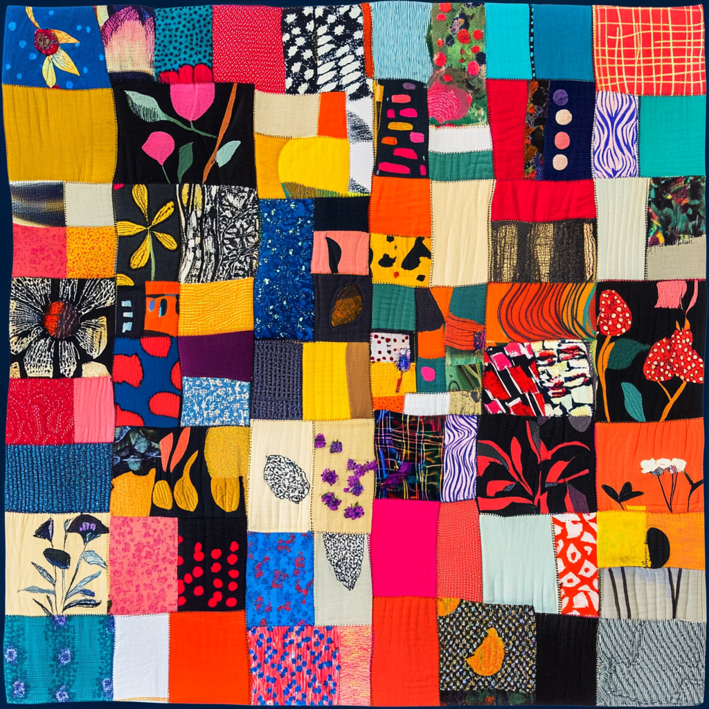 Colorful patchwork quilt with geometric patterns, florals, and abstract fabric squares in bright colors