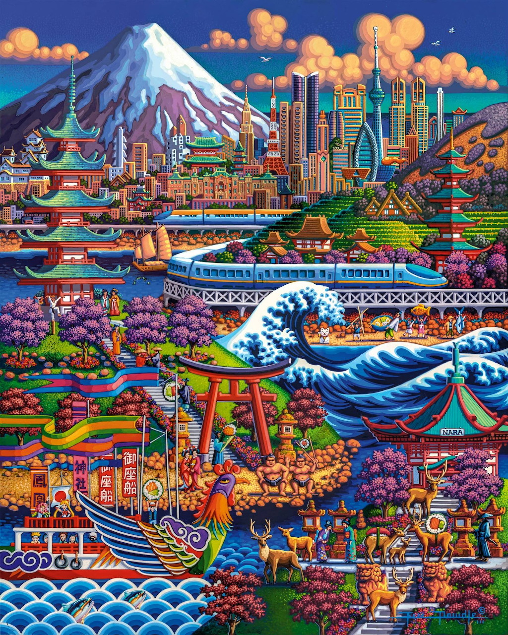 Colorful illustrated collage of Japanese landmarks with Mount Fuji, cityscape, temples, and traditional wave art