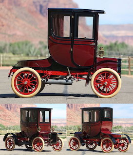 1907 Cadillac Model M vintage car with burgundy body and red wheels in desert setting
