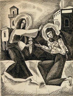 Monochrome drawing of two haloed figures in an Annunciation scene with village buildings behind them.
