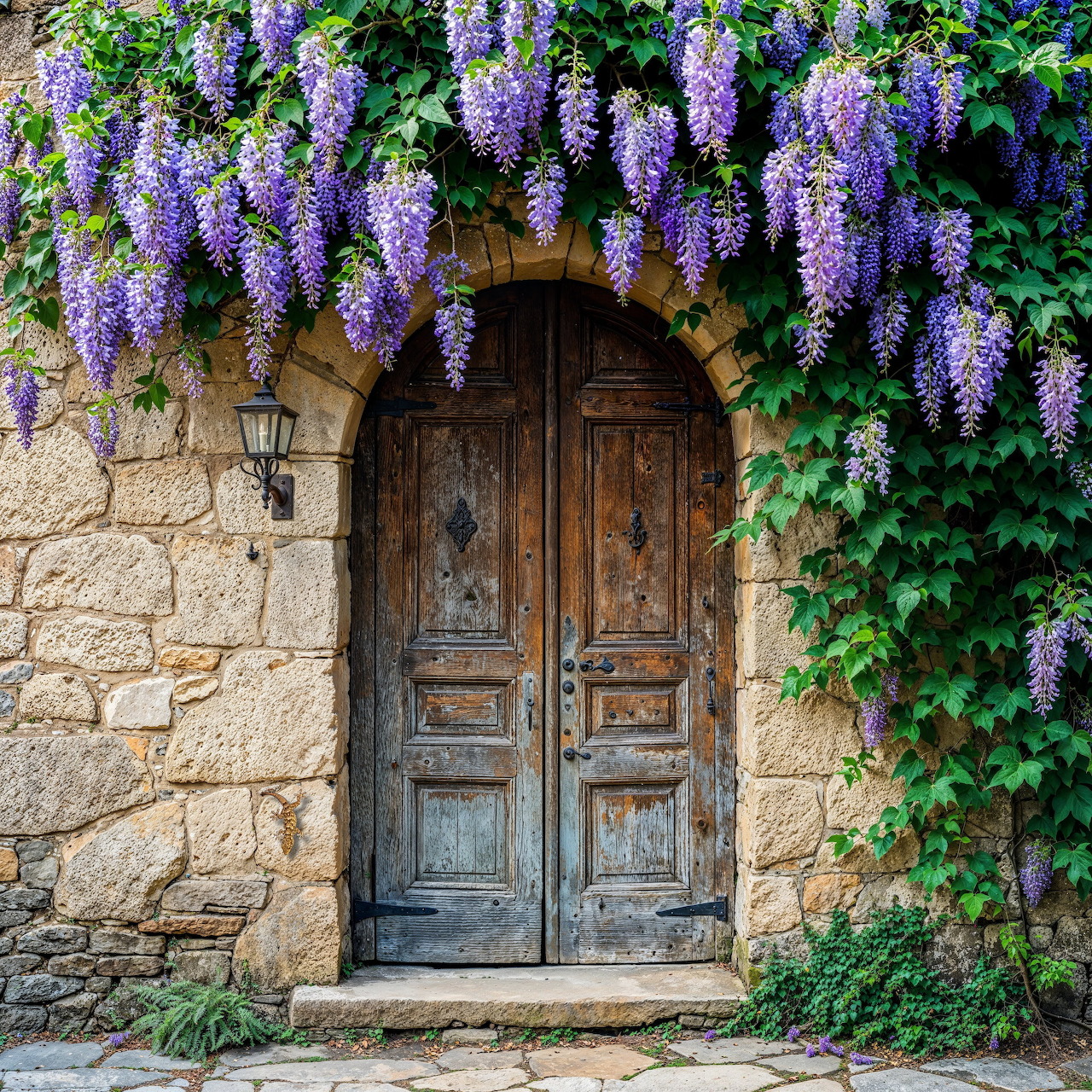 Rustic wooden door in stone wall draped with purple wisteria blooms and ivy