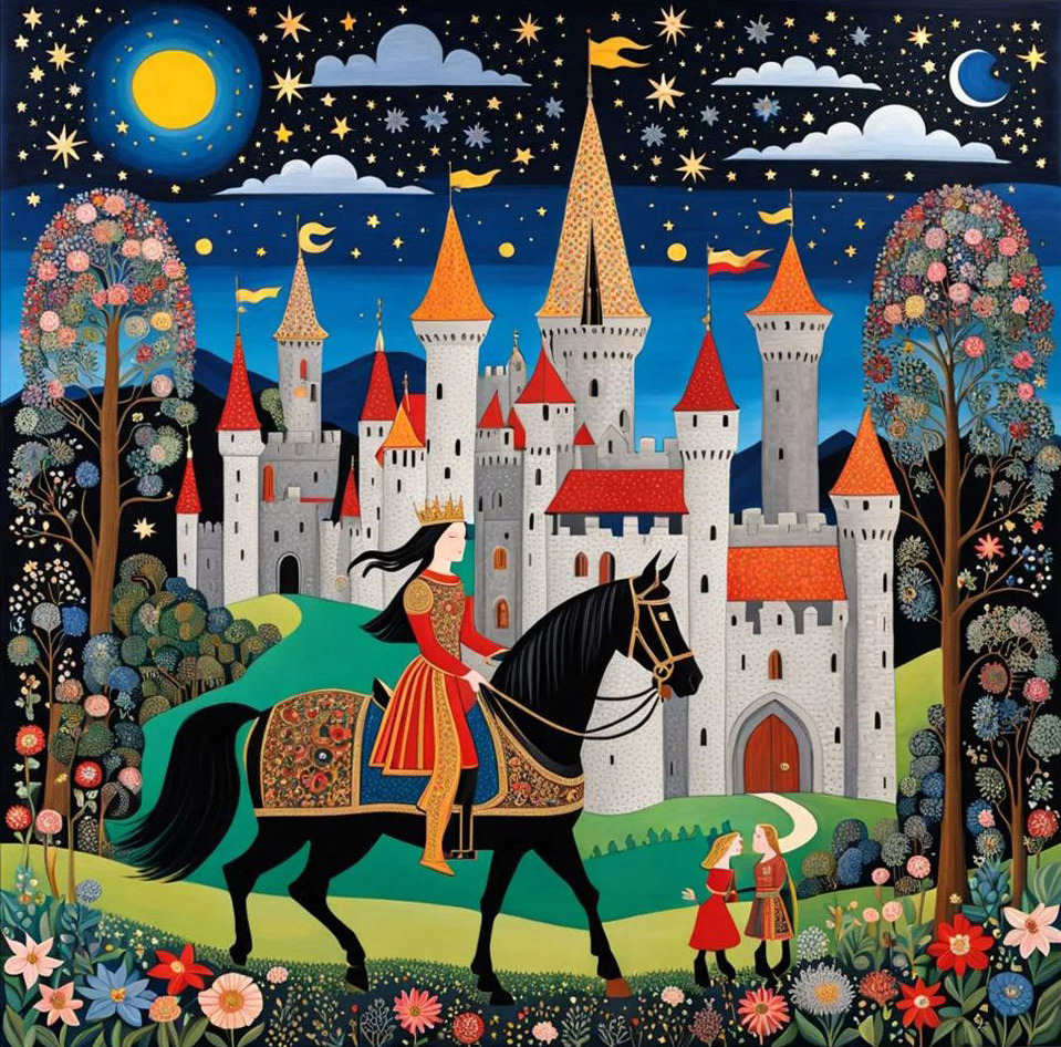 Princess on black horse before white castle under starry night sky with moon and flowers