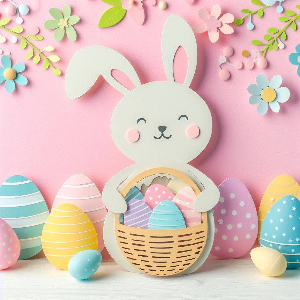 White bunny holding basket of pastel Easter eggs with decorative flowers on pink background