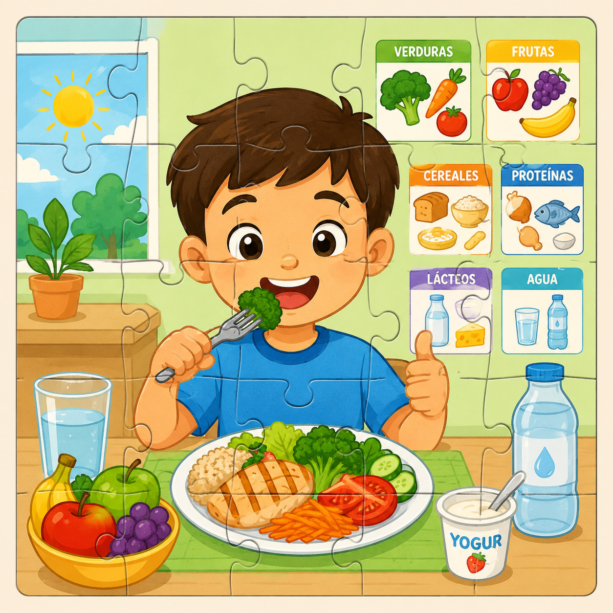 Cartoon boy eating a healthy meal with fruit, vegetables, water, and yogurt beside a nutrition chart