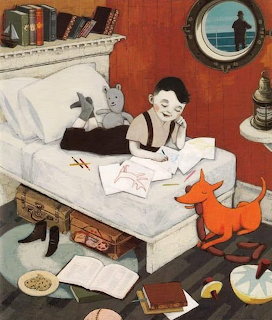 Illustration of a boy lying on a bed reading, with books, a stuffed rabbit, an orange cat, and a porthole window
