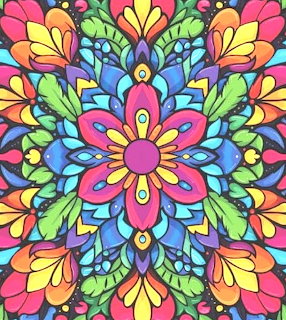 Colorful symmetrical mandala with floral petals in rainbow hues radiating from center