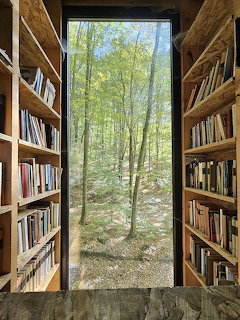 Tall window between two wooden bookshelves looking out onto a green deciduous forest