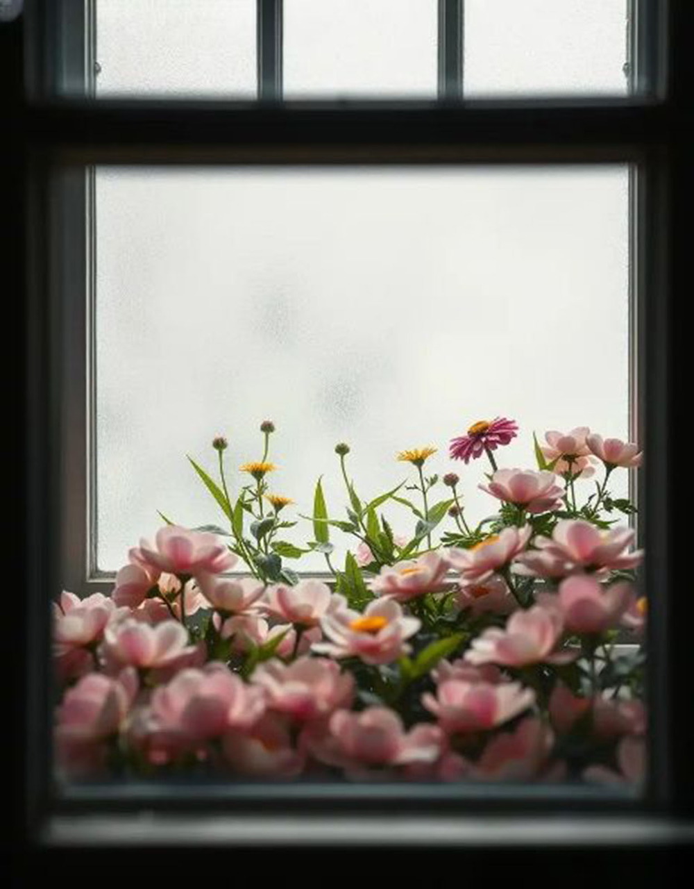 Open window overlooking a colorful flower garden with blooming plants