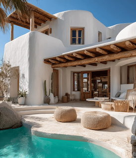 White Mediterranean villa with turquoise pool and wooden pergola on sunny patio