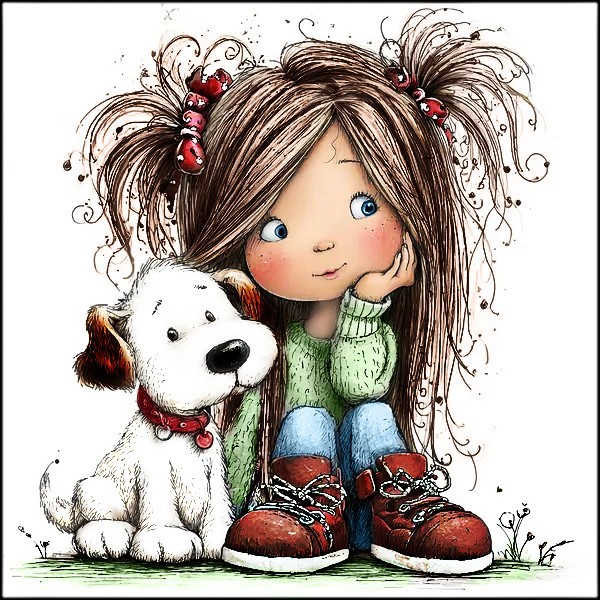 Whimsical drawing of a girl with wild hair and her white puppy sitting together